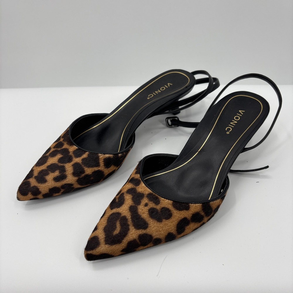 Vionic Leopard Calf Hair Pointed Toe Slingback Ankle Strap Kitten Heels Womens 9 - Picture 3 of 7